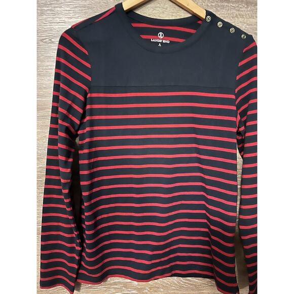 Lands End Top Red Blue Striped Button Back Long Sleeve Preppy Nautical S - Picture 6 of 7